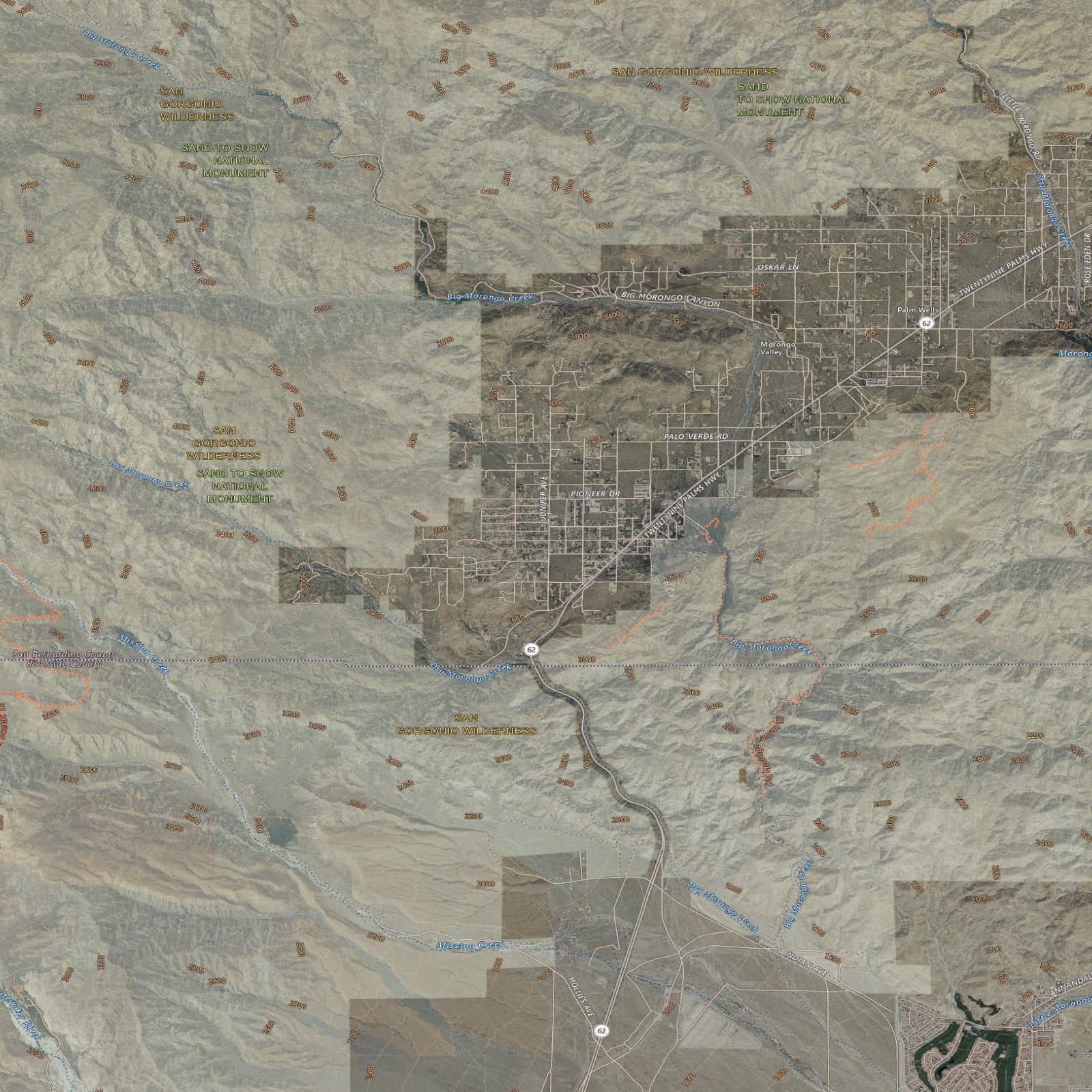 Public USGS aerial and topographic context for Morongo Valley and the surrounding wilderness
